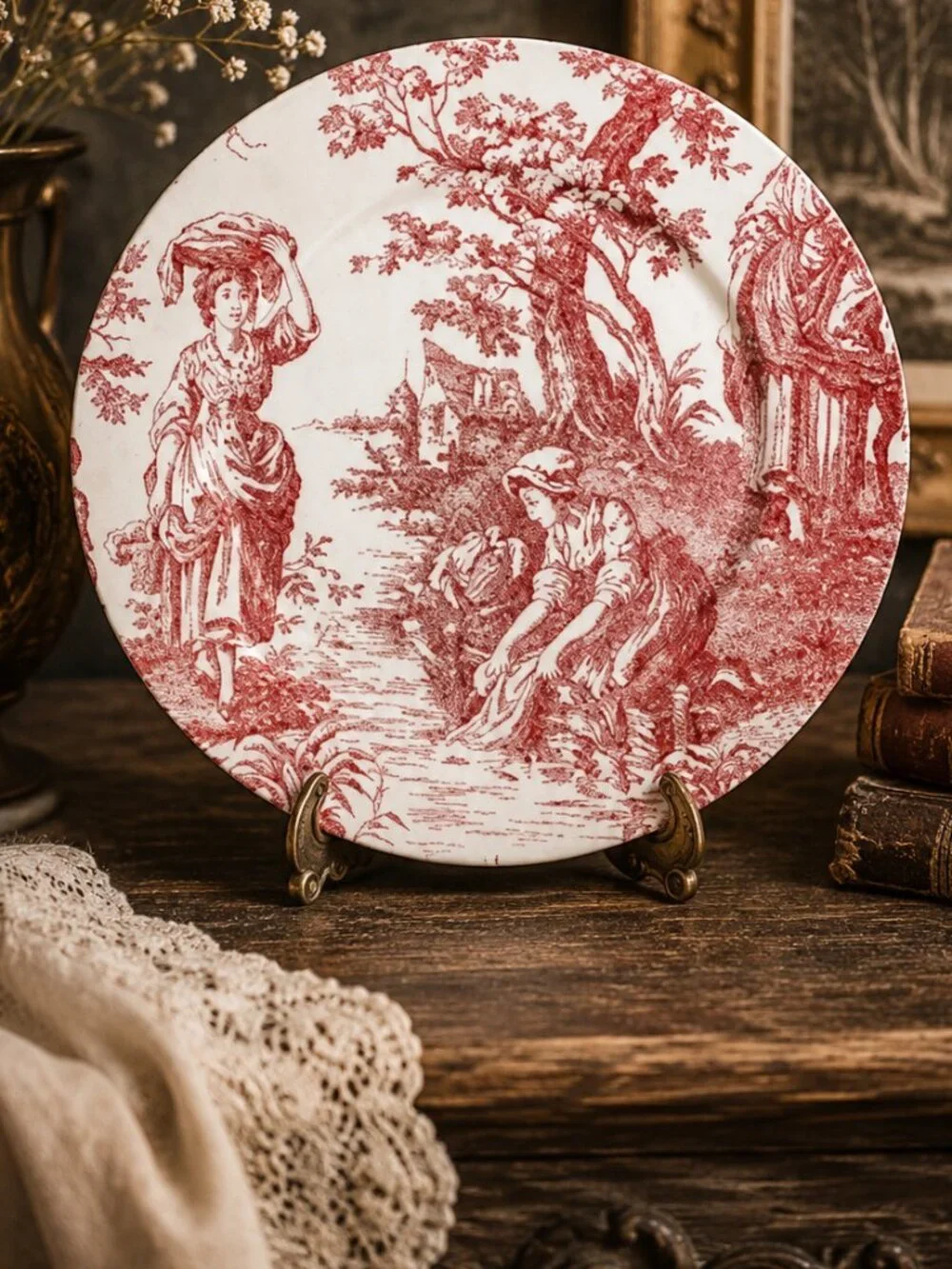Vintage Red Toile De Jouy Country Life Pastoral Scene Charger Plate